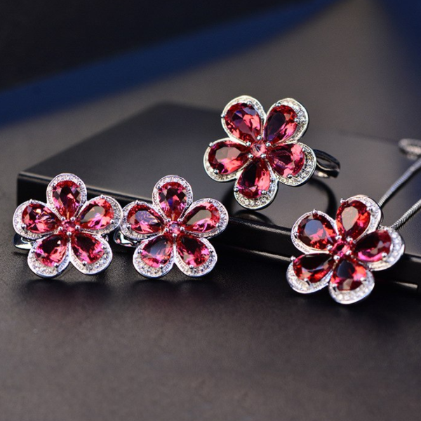 Sterling Silver 92.5 Ruby Flower Ring - Enumu