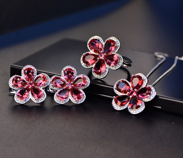 Pure 92.5 Sterling Silver Ruby Flower Pendant with Chain - Enumu
