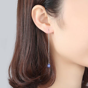Pure 92.5 Silver Long Blue Sapphire Dangle Earrings - Enumu