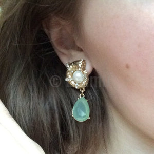 Pearl and Light Blue Dangle Earrings - Enumu