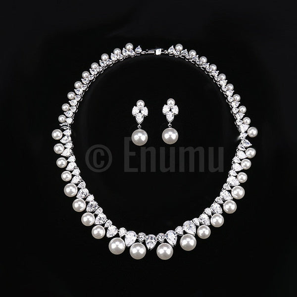 Pearl and Swiss CZ Necklace set - Enumu