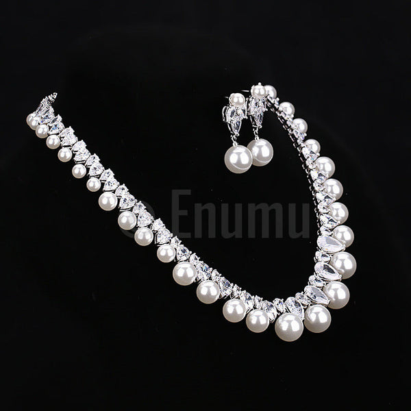 Pearl and Swiss CZ Necklace set - Enumu