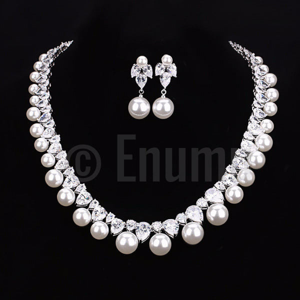 Pearl and Swiss CZ Necklace set - Enumu