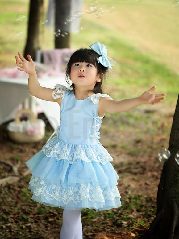 Sky Blue Lace Party Dress - Enumu