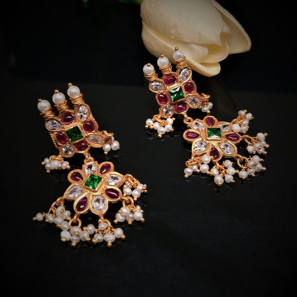 Pure Silver Ruby Emerald CZ Pearls Dangle Earrings - Enumu