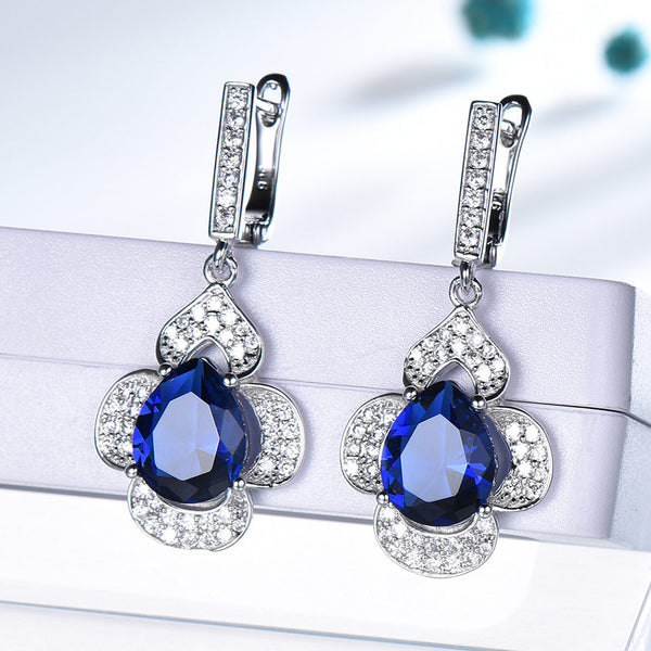 Pure 92.5 Sterling Silver Blue Sapphire Earrings,Pendant and Ring Set - Enumu