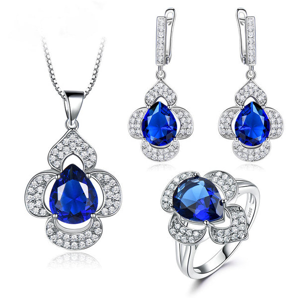 Pure 92.5 Sterling Silver Blue Sapphire Earrings,Pendant and Ring Set - Enumu