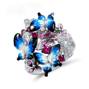 Pure 92.5 Sterling SIlver Enamel Butterfly Ring - Enumu