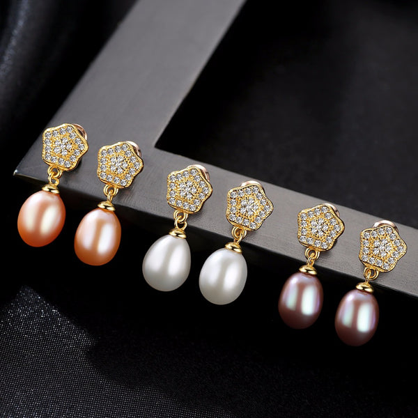 Sterling Silver Natural Beige Pearl Dangle Earrings - Enumu