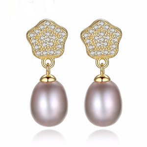 Sterling Silver Natural Beige Pearl Dangle Earrings - Enumu