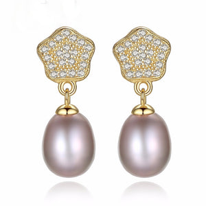 Sterling Silver Natural Beige Pearl Dangle Earrings - Enumu