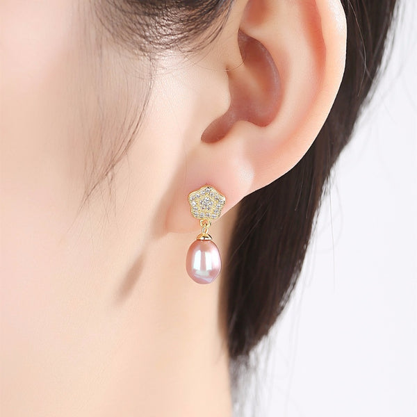 Sterling Silver Natural Beige Pearl Dangle Earrings - Enumu