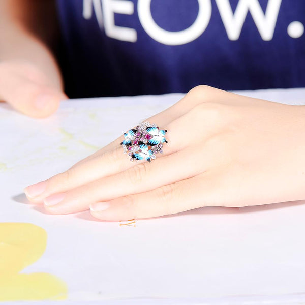 Pure 92.5 Sterling SIlver Enamel Butterfly Ring - Enumu