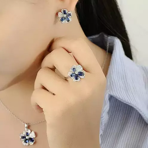 Pure 92.5 Sterling Silver Blue Sapphire Flower Set - Enumu