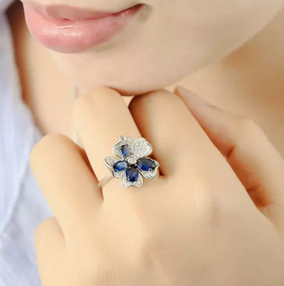 Pure 92.5 Sterling Silver Blue Sapphire CZ Flower Ring - Enumu