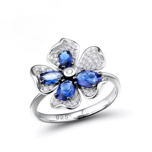 Pure 92.5 Sterling Silver Blue Sapphire Flower Set - Enumu