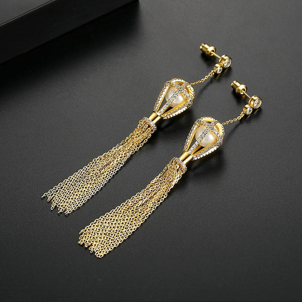YGP Bird Cage Pearl Long Dangle Earrings - Enumu