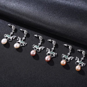 Sterling Silver Natural Pearl Horse Dangle Earrings - Enumu