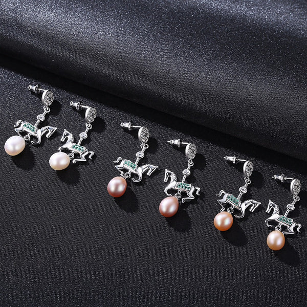 Sterling Silver Natural Pearl Horse Dangle Earrings - Enumu