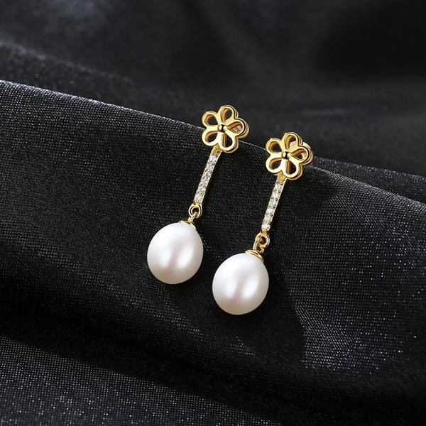 92.5 Sterling Silver Flower Pearl Dangle Earrings - Enumu