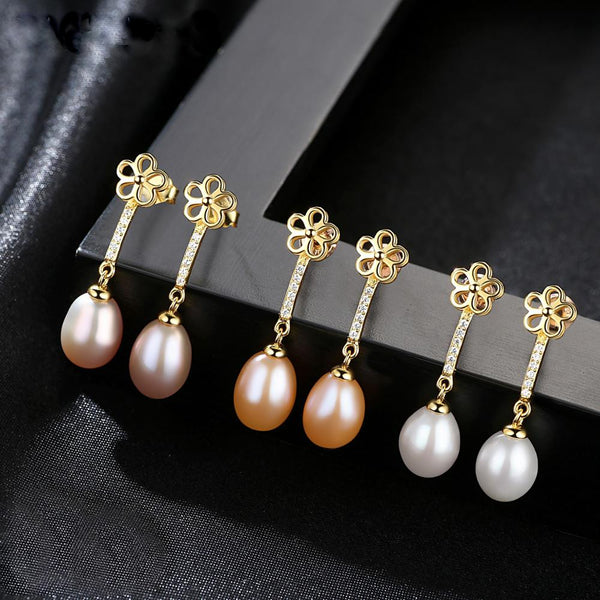 92.5 Sterling Silver Flower Pearl Dangle Earrings - Enumu