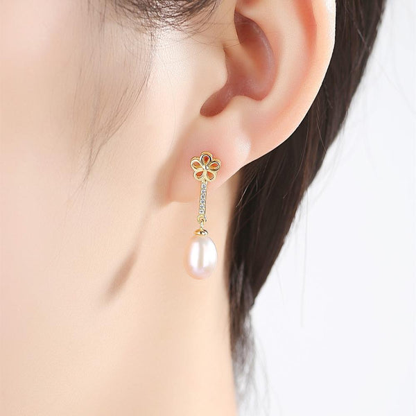 92.5 Sterling Silver Flower Pearl Dangle Earrings - Enumu