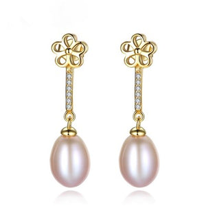 92.5 Sterling Silver Flower Pearl Dangle Earrings - Enumu