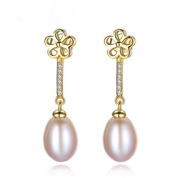 92.5 Sterling Silver Flower Pearl Dangle Earrings - Enumu