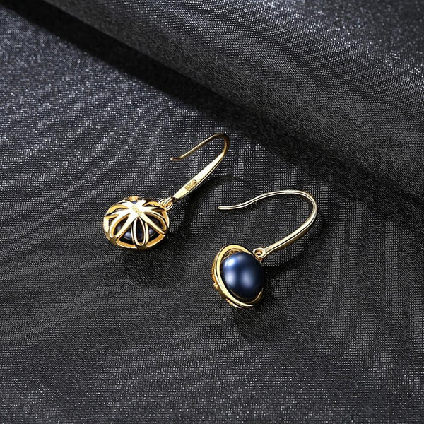 92.5 Gold plated Sterling Silver Black Pearl Coil Dangle Earrings - Enumu