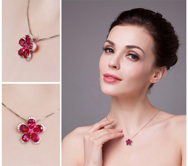 Pure 92.5 Sterling Silver Ruby Flower Pendant with Chain - Enumu