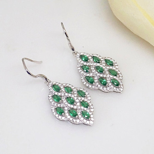 Pure 92.5 Sterling Silver Emerald & CZ Dangle Earrings - Enumu