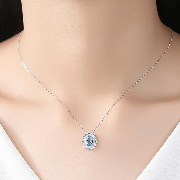 92.5 Sterling Silver Blue Topaz Pendant with Chain - Enumu