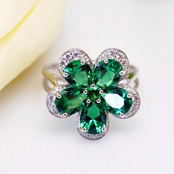 Pure 92.5 Sterling Silver Emerald Flower Ring - Enumu