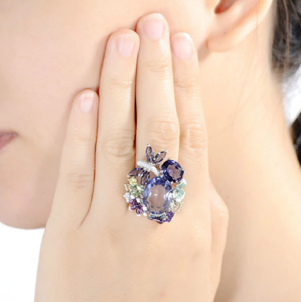 Pure 92.5 Sterling Silver Amethyst Earrings and Huge Ring Set - Enumu