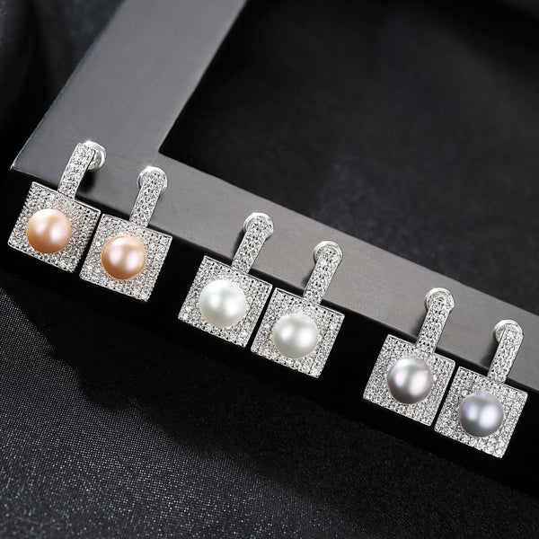 Sterling Silver Natural Gray Pearl Square Dangle Earrings - Enumu