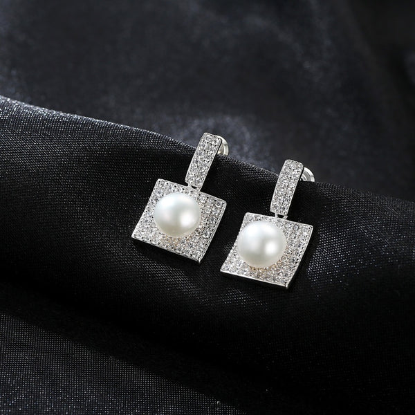 Sterling Silver Natural Gray Pearl Square Dangle Earrings - Enumu