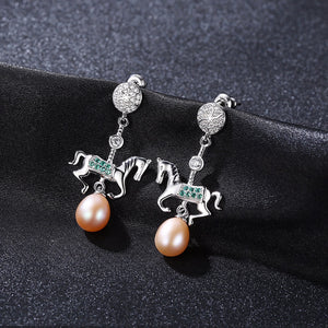 Sterling Silver Natural Pearl Horse Dangle Earrings - Enumu
