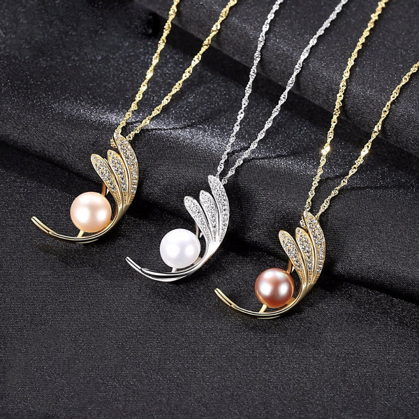 Sterling Silver Leaves Pearl Pendant with Chain - Enumu
