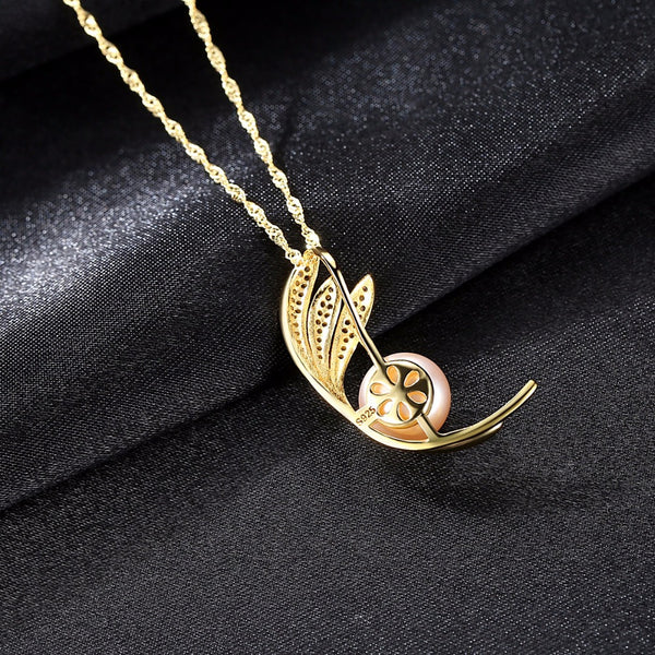 Sterling Silver Leaves Pearl Pendant with Chain - Enumu