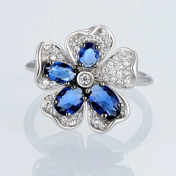 Pure 92.5 Sterling Silver Blue Sapphire CZ Flower Ring - Enumu