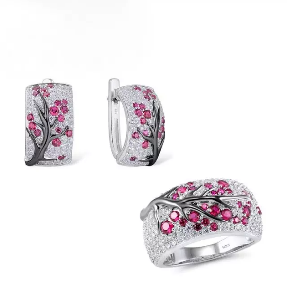 Pure 92.5 Sterling Silver Designer Ruby Ring and Earrings set - Enumu