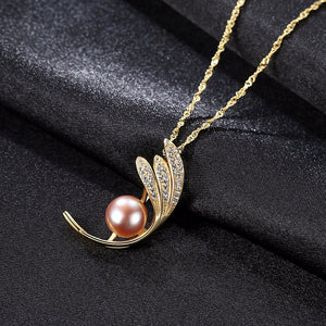 Sterling Silver Leaves Pearl Pendant with Chain - Enumu