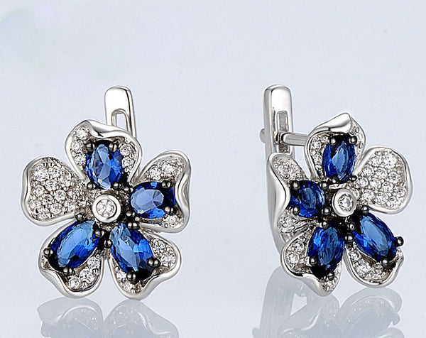 Pure 92.5 Sterling Silver Blue Sapphire Flower Set - Enumu