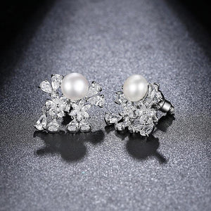 Zircon and Pearl Flower Studs - Enumu