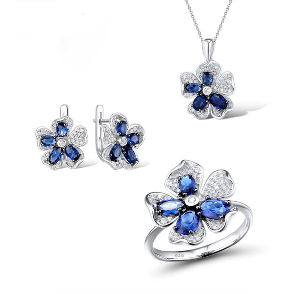 Pure 92.5 Sterling Silver Blue Sapphire Flower Set - Enumu