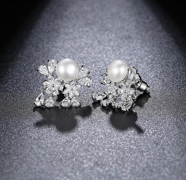 Zircon and Pearl Flower Studs - Enumu