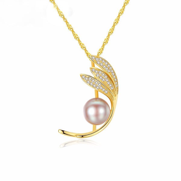 Sterling Silver Leaves Pearl Pendant with Chain - Enumu
