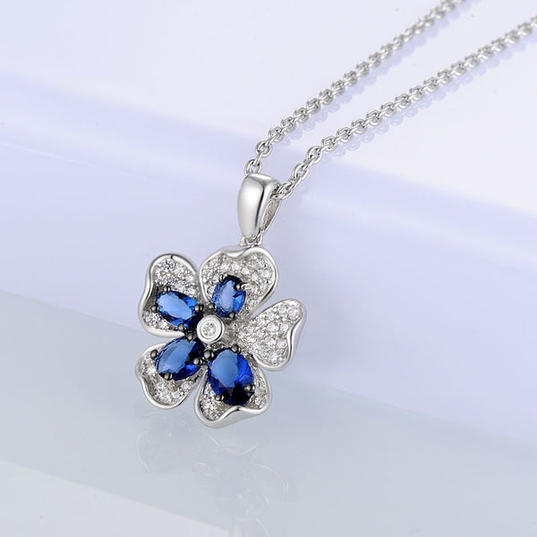 Pure 92.5 Sterling Silver Blue Sapphire Flower Pendant - Enumu