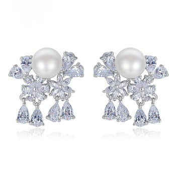 Zircon and Pearl Flower Studs - Enumu