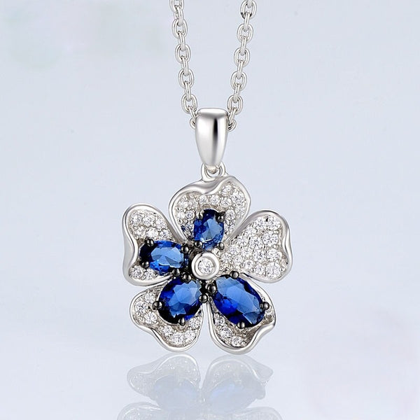 Pure 92.5 Sterling Silver Blue Sapphire Flower Pendant - Enumu